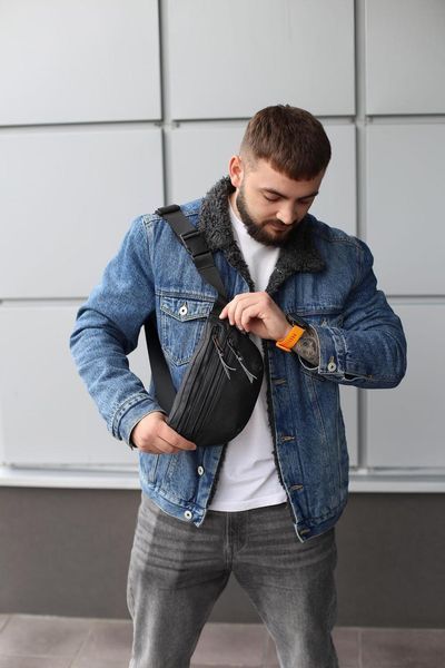 Бананка із натуральної шкіри, шкіряна сумка на пояс SKILL Two Line (чорна) SKL-008 фото