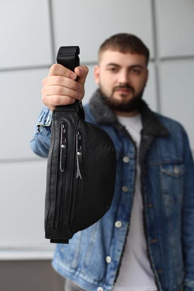 Бананка із натуральної шкіри, шкіряна сумка на пояс SKILL Two Line (чорна) SKL-008 фото
