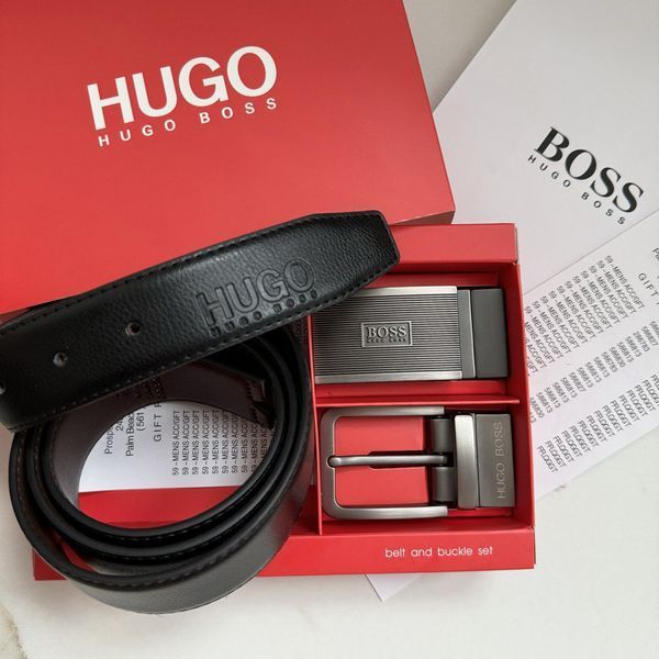 Чоловічий подарунковий набір (ремінь із двома пряжками) H.Boss (218), шкіряний ремінь чоловічий, брендовый ремінь, ремінь шкіряний 218 фото