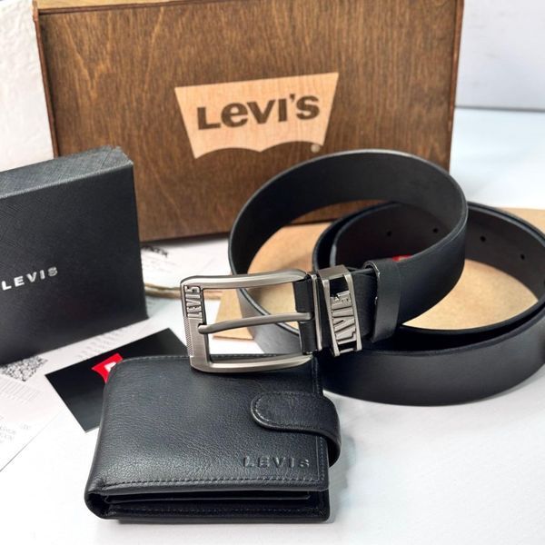 Подарочный мужской набор портмоне и ремень в деревянной коробке Levi&rsquo;s, мужской портмоне, кожаный ремень, набор аксессуаров 518 фото