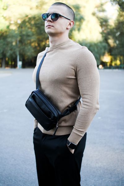 Кроссбоди, бананка із натуральної шкіри SKILL Smart (чорна) SKL-009 фото