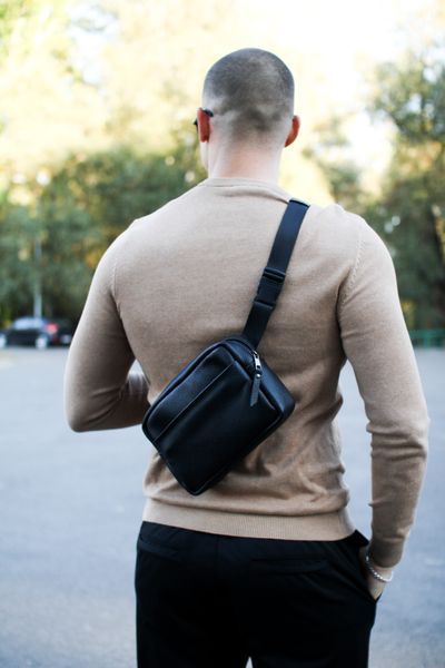 Кроссбоди, бананка із натуральної шкіри SKILL Smart (чорна) SKL-009 фото